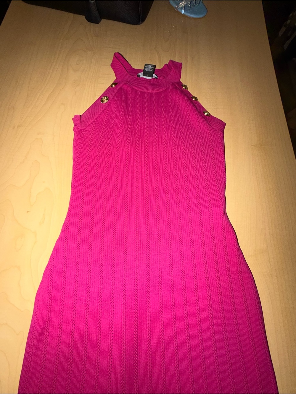 Hot Pink Ribbed Halter Dress with Gold Buttons